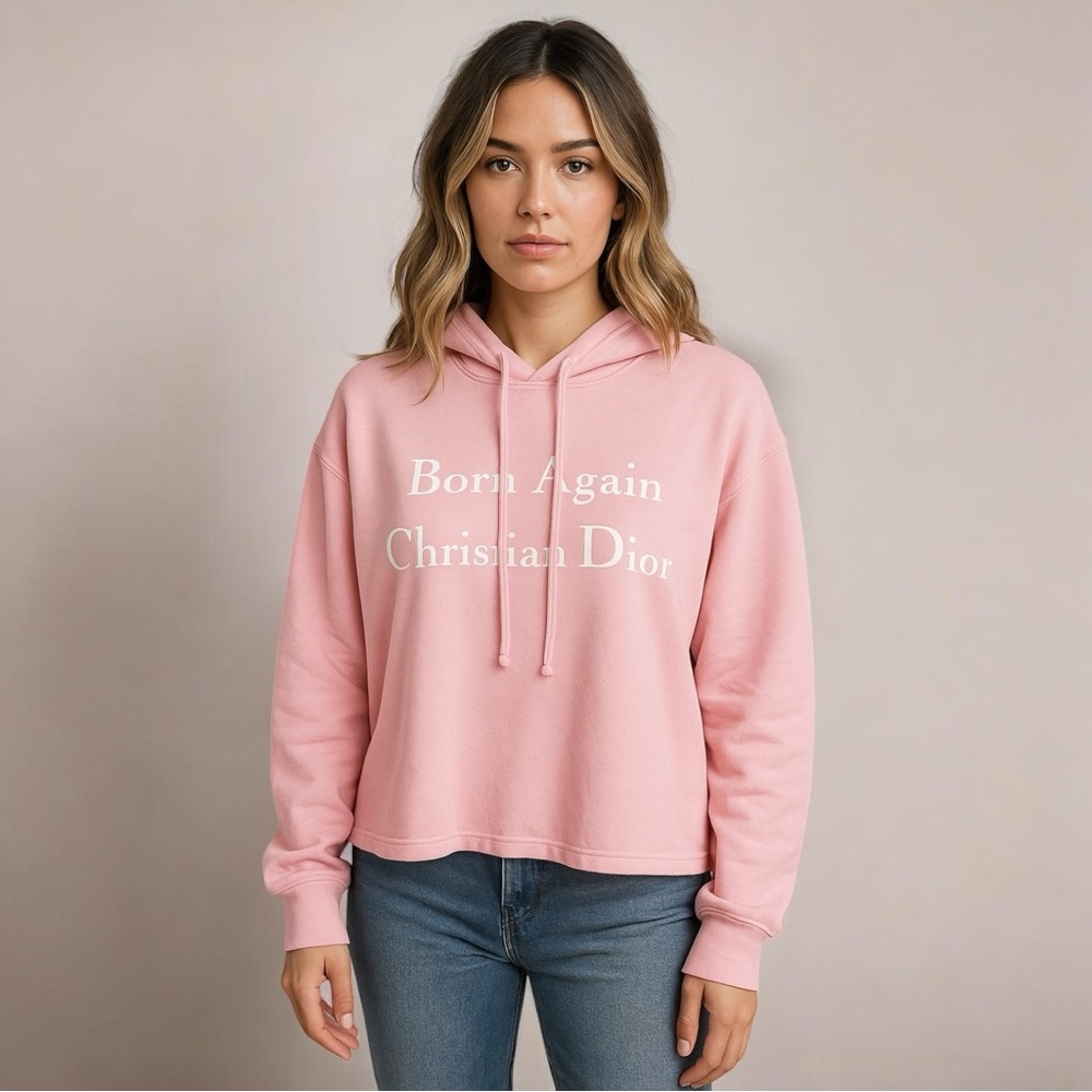 “Born Again Christian Dior” Pink Cropped Hoodie M NWOT / EXCLUSIVE STYLE - Picture 3 of 4
